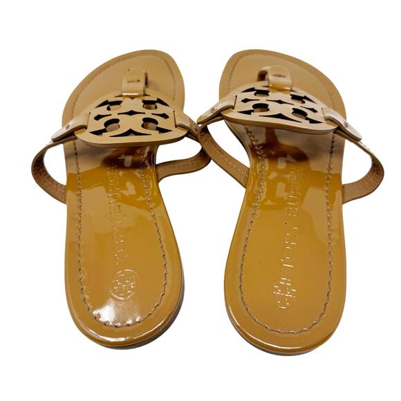 TORY BURCH Tan Caramel Patent Leather Miller Classic Designer Logo Sandals Sz 9 - Picture 3 of 8